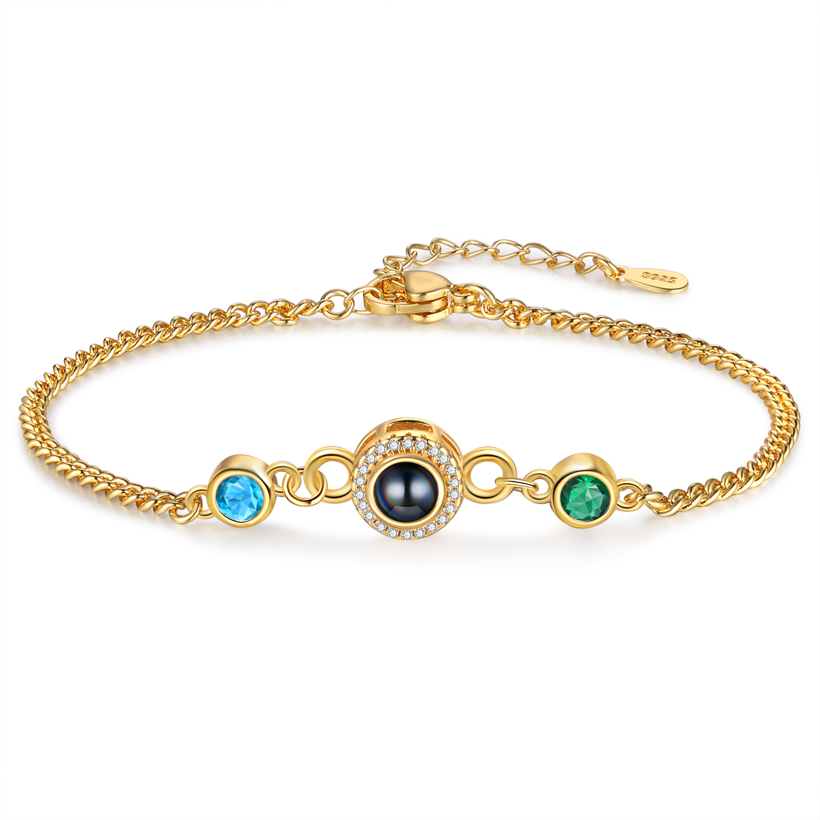 Personalisiertes Foto & 2 Geburtssteine Projektion Silber/ Golden/ Rosagold Armband