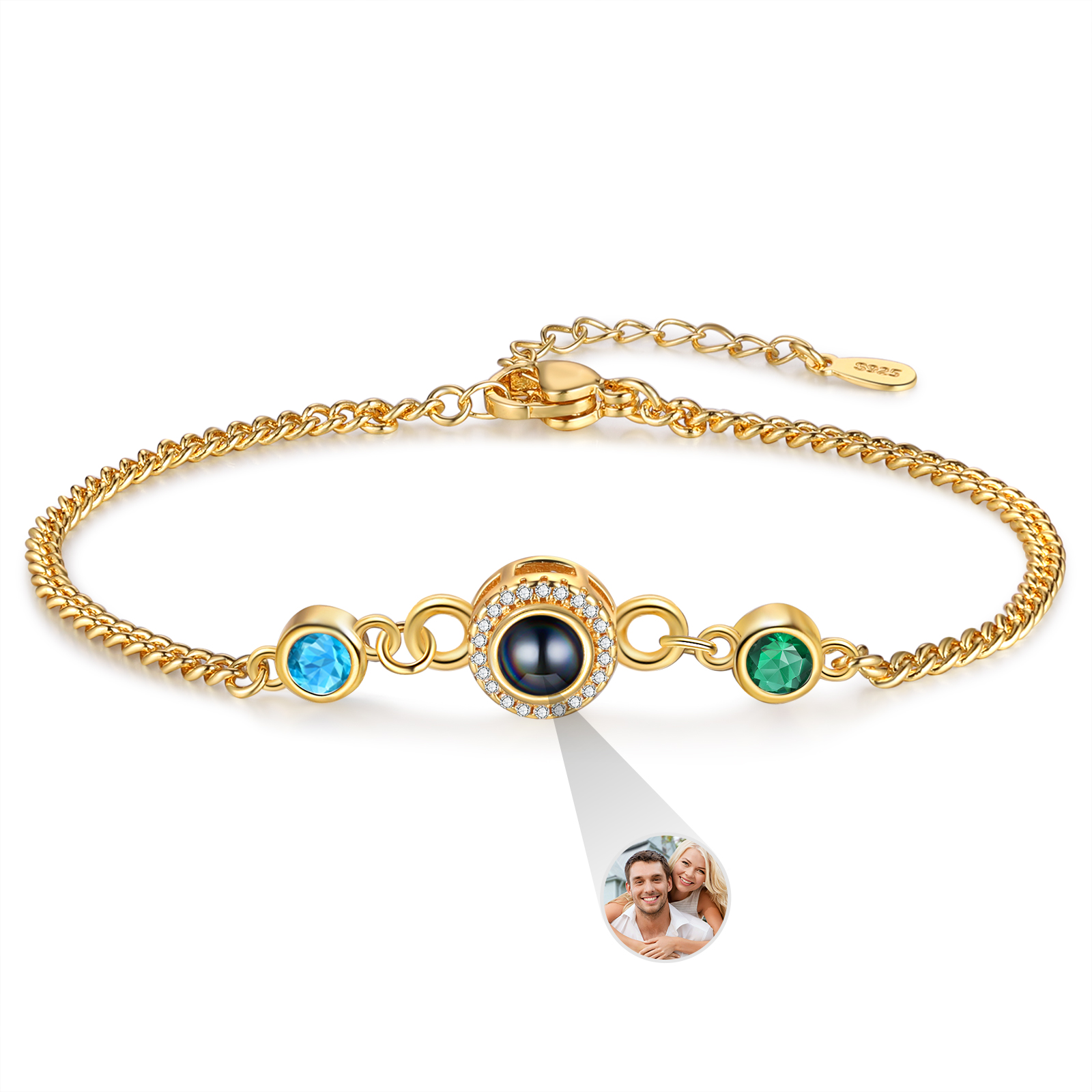 Personalisiertes Foto & 2 Geburtssteine Projektion Silber/ Golden/ Rosagold Armband