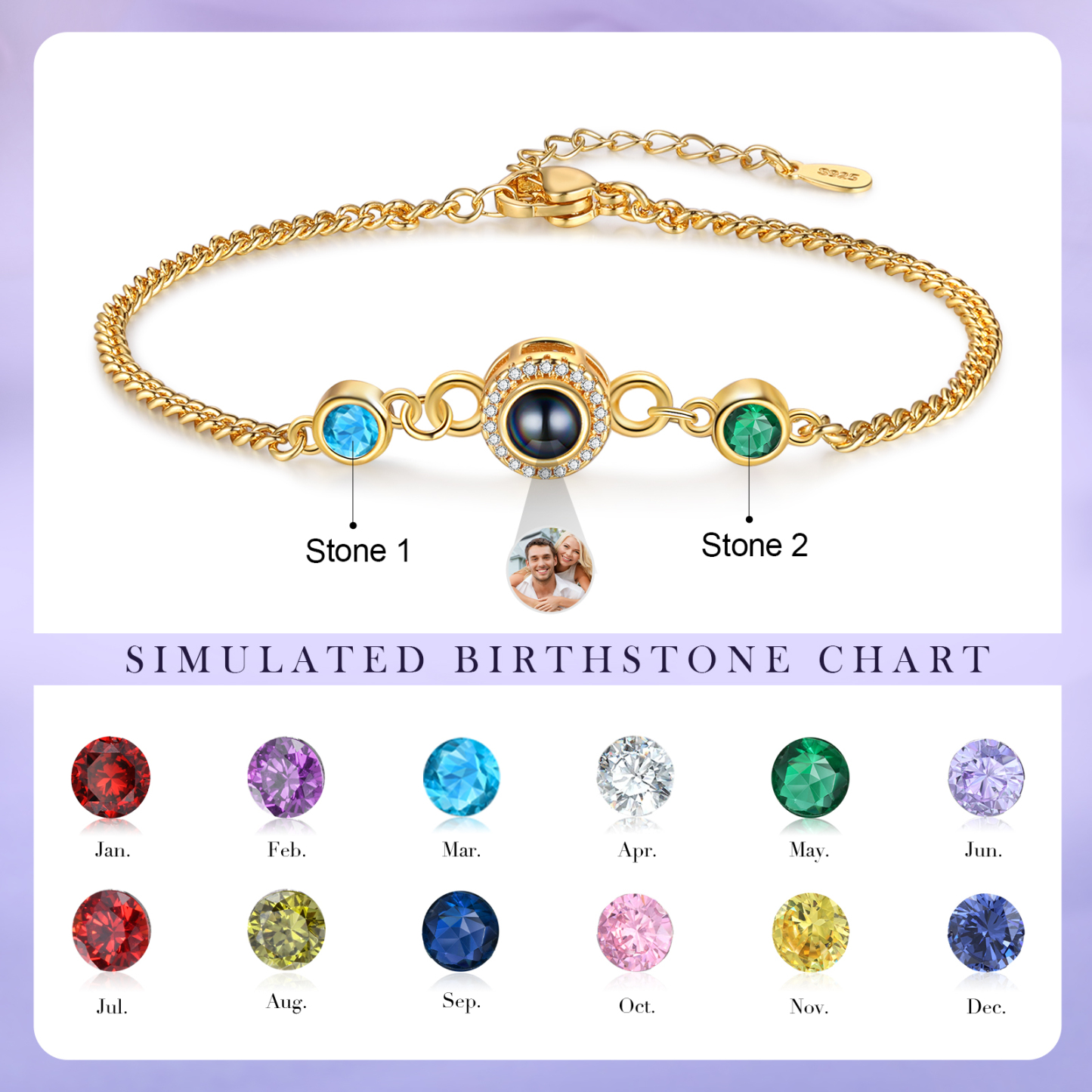 Personalisiertes Foto & 2 Geburtssteine Projektion Silber/ Golden/ Rosagold Armband