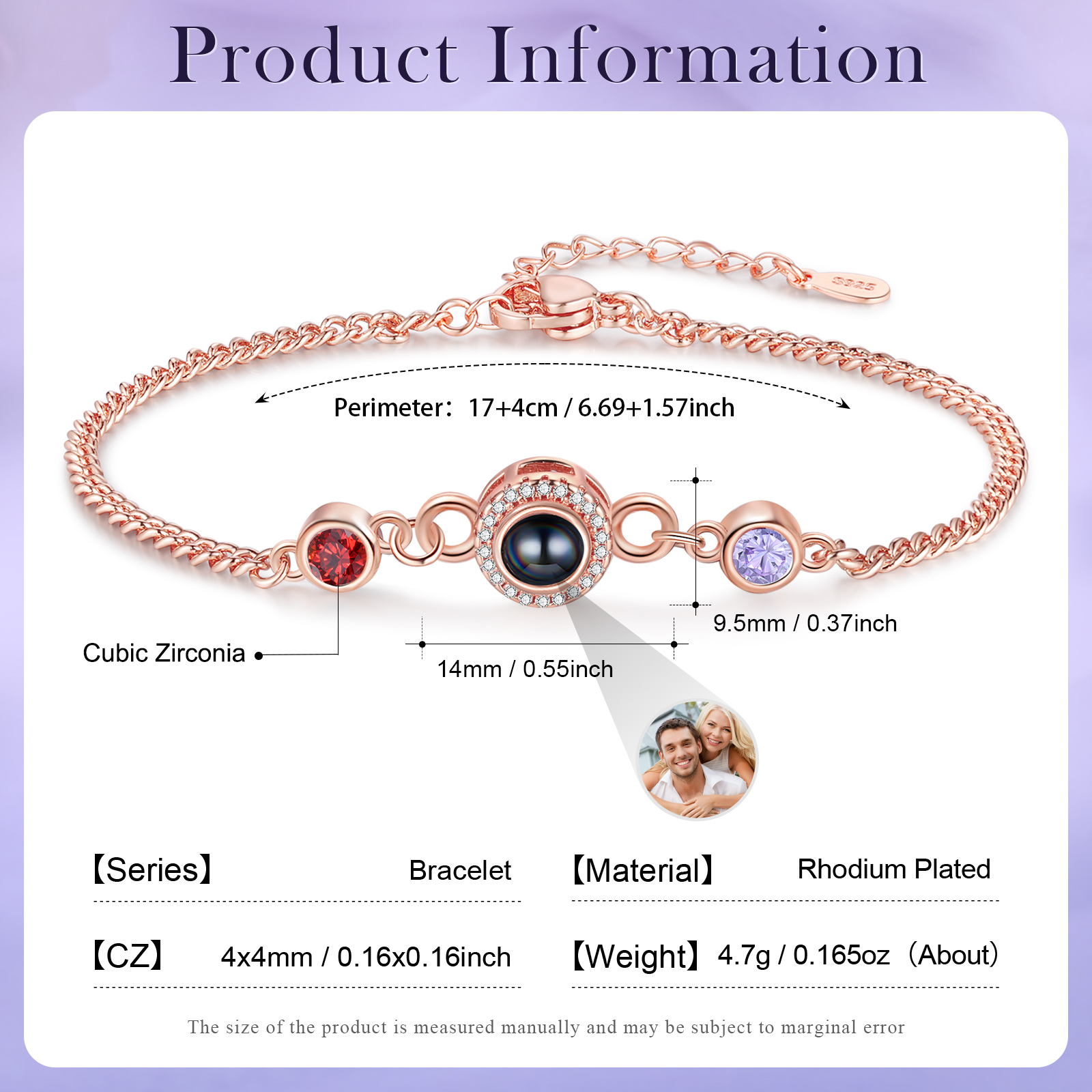 Personalisiertes Foto & 2 Geburtssteine Projektion Silber/ Golden/ Rosagold Armband