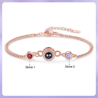 Personalisiertes Foto & 2 Geburtssteine Projektion Silber/ Golden/ Rosagold Armband