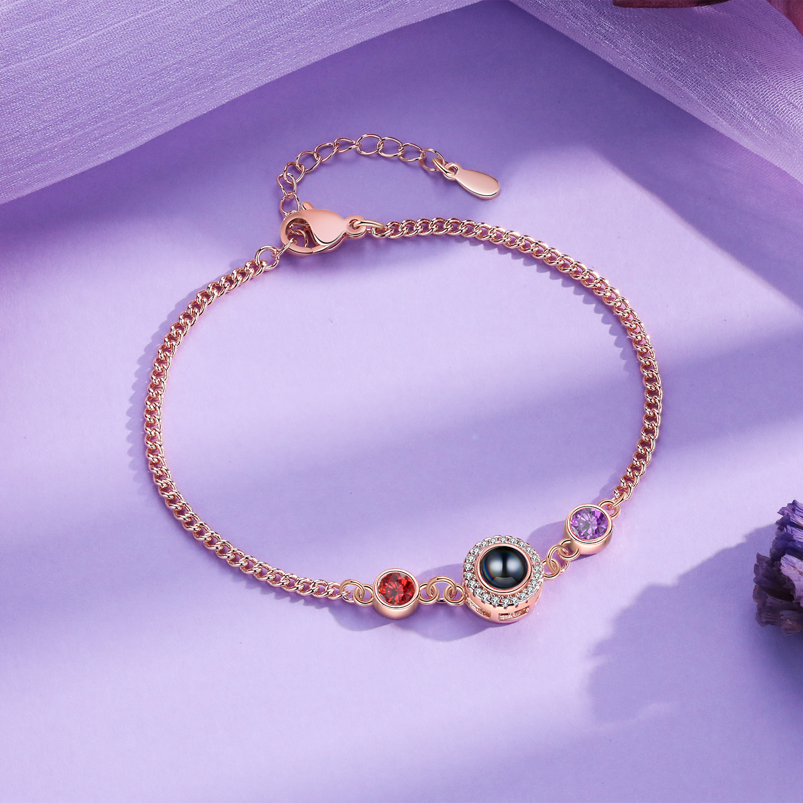 Personalisiertes Foto & 2 Geburtssteine Projektion Silber/ Golden/ Rosagold Armband