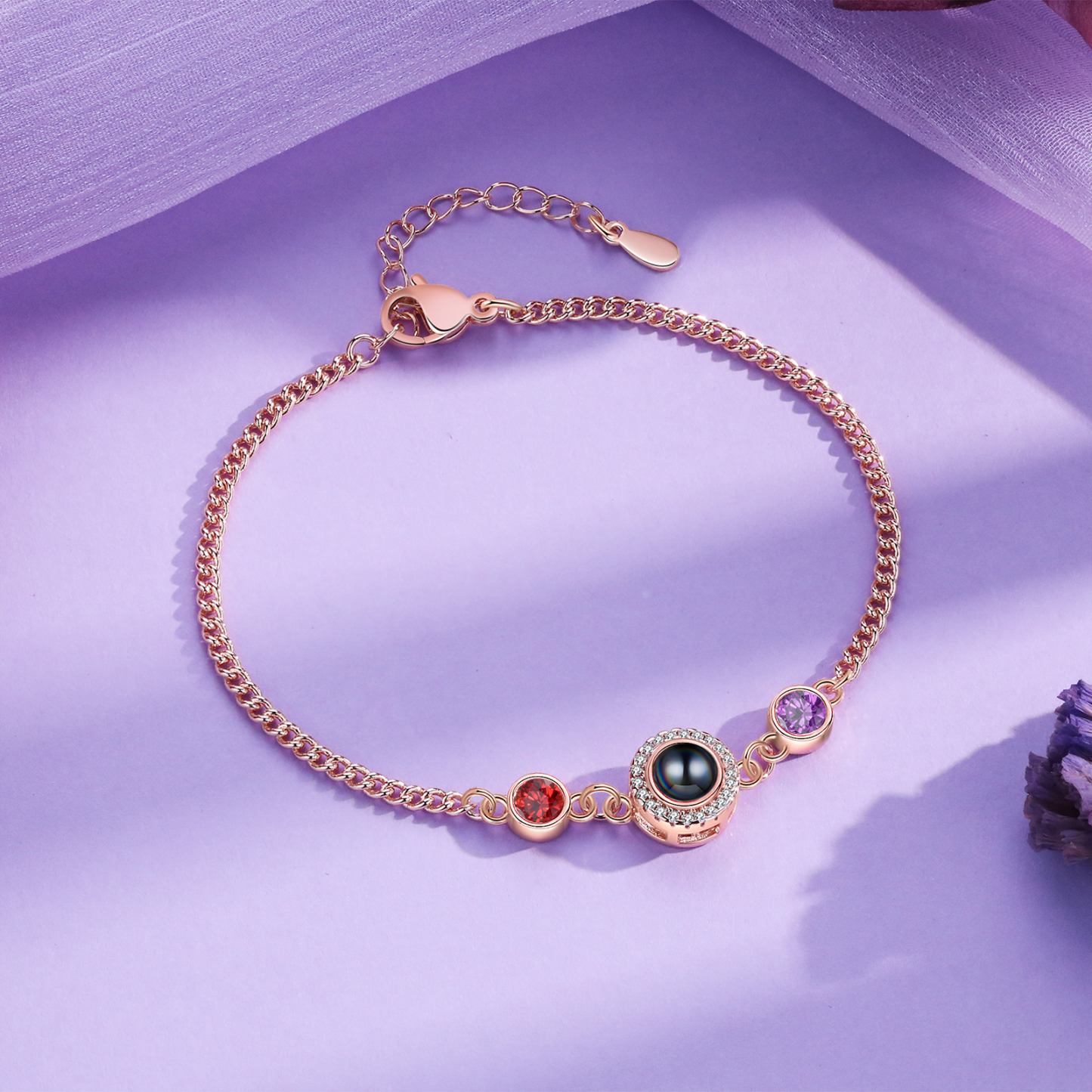 Personalisiertes Foto & 2 Geburtssteine Projektion Silber/ Golden/ Rosagold Armband