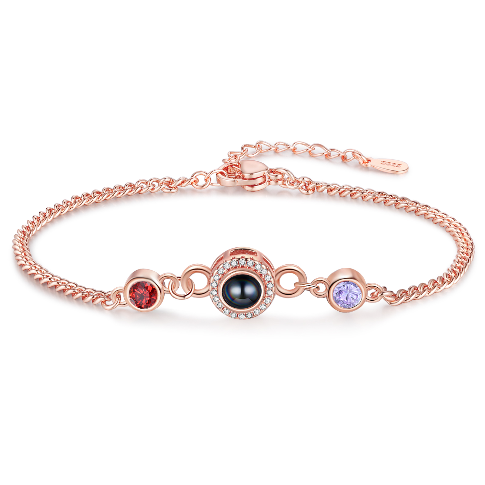 Personalisiertes Foto & 2 Geburtssteine Projektion Silber/ Golden/ Rosagold Armband