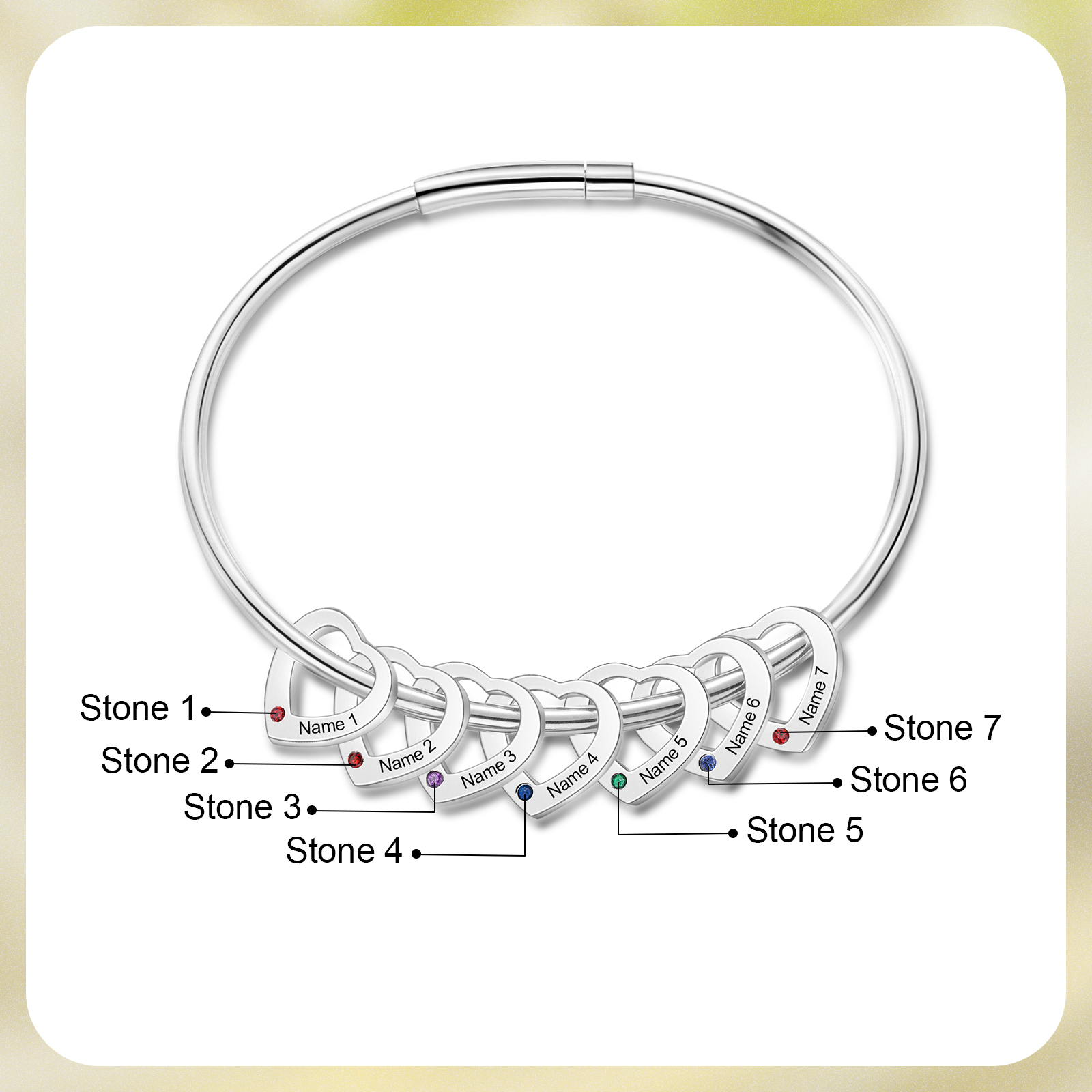 Personalisierte 7-10 Namen mit 7-10 Geburtssteinen Edelstahl Herz-Anhänger-Armband