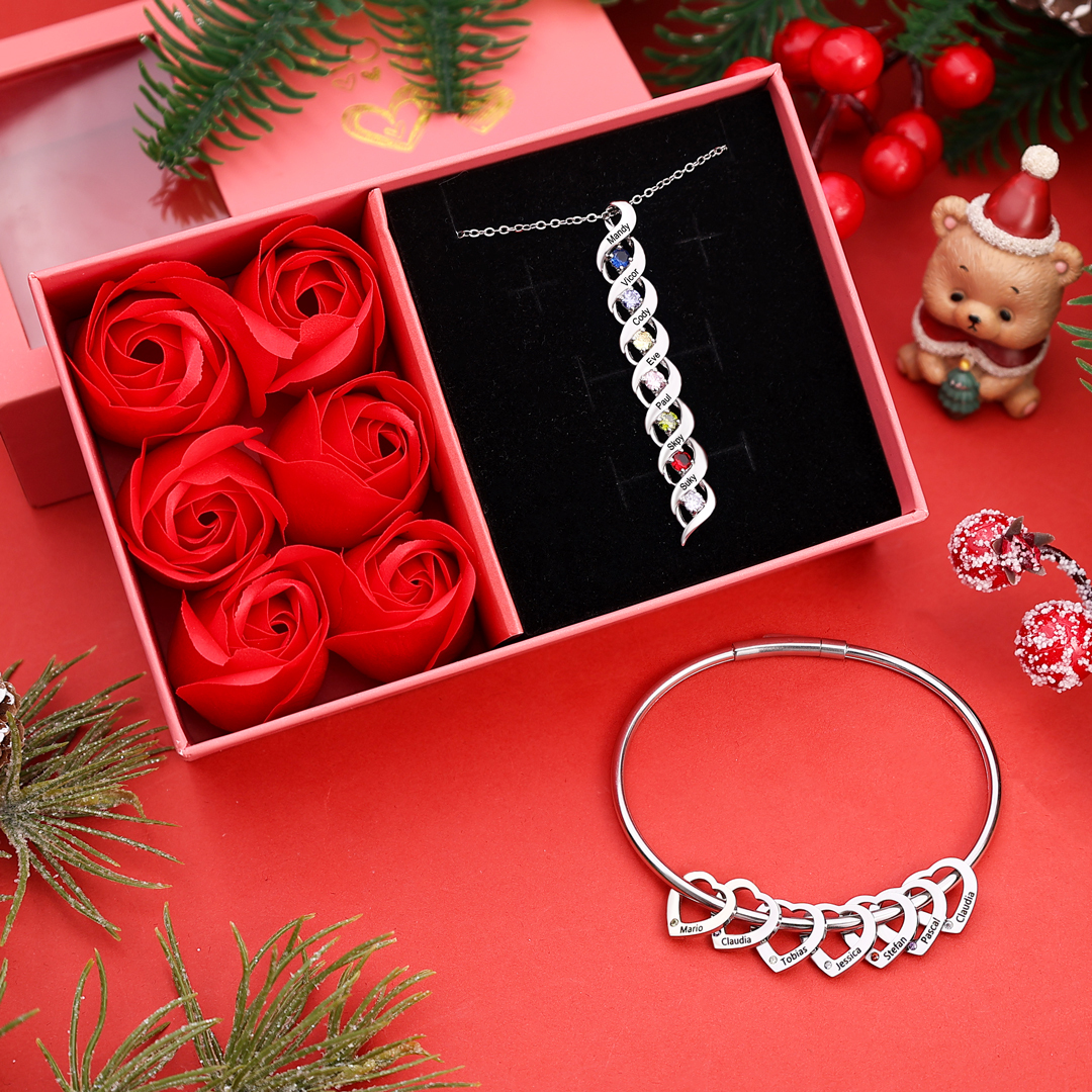 Personalisierter 7 Namen & 7 Geburtssteinen Silbernes Herz-Anhänger-Armband & Herz Halskette Geschenkbox-Set