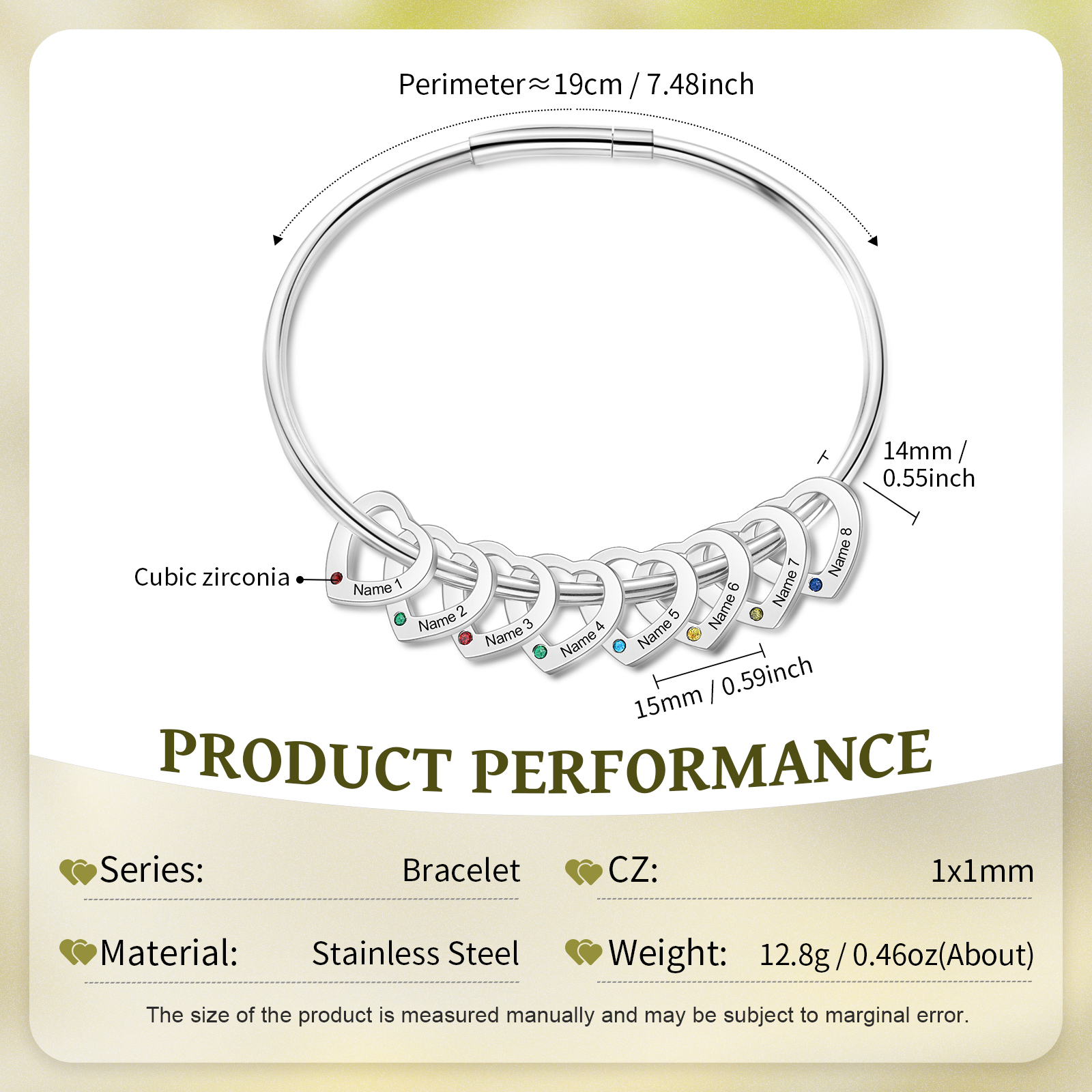 Personalisierte 7-10 Namen mit 7-10 Geburtssteinen Edelstahl Herz-Anhänger-Armband