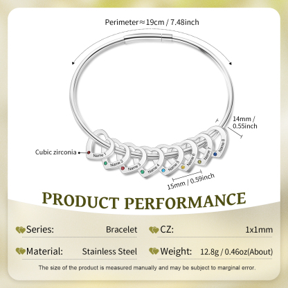 Personalisierte 7-10 Namen mit 7-10 Geburtssteinen Edelstahl Herz-Anhänger-Armband
