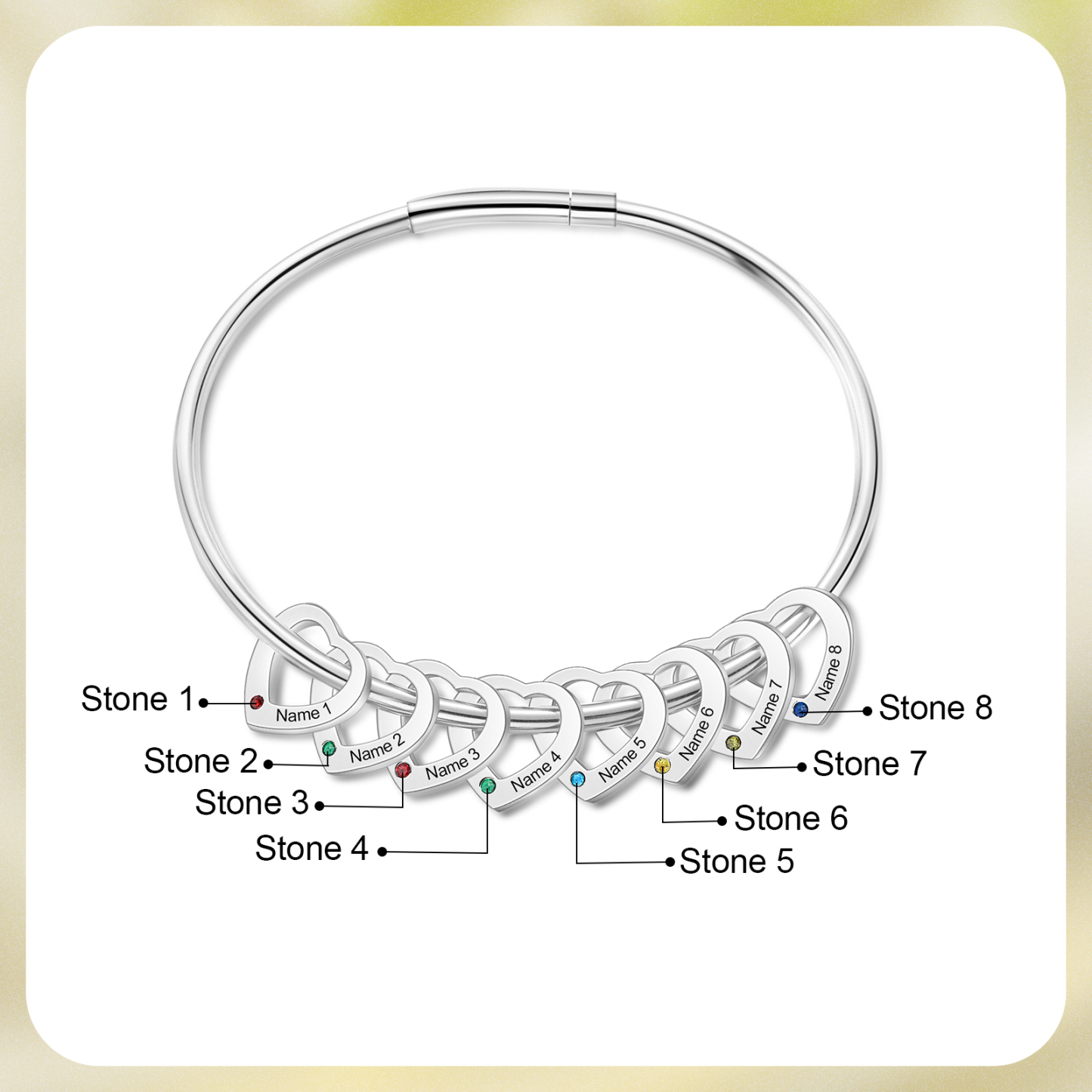 Personalisierter 8 Namen & 8 Geburtssteinen Silbernes Herz-Anhänger-Armband & Herz Halskette Geschenkbox-Set