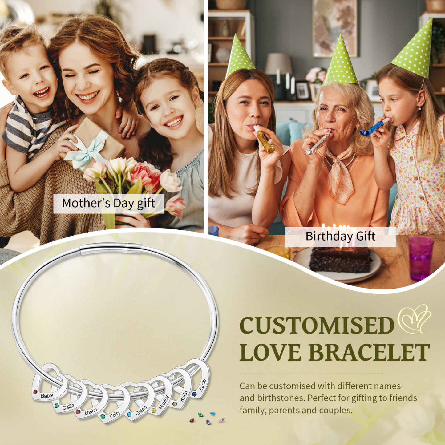 Personalisierter 8 Namen & 8 Geburtssteinen Silbernes Herz-Anhänger-Armband & Herz Halskette Geschenkbox-Set