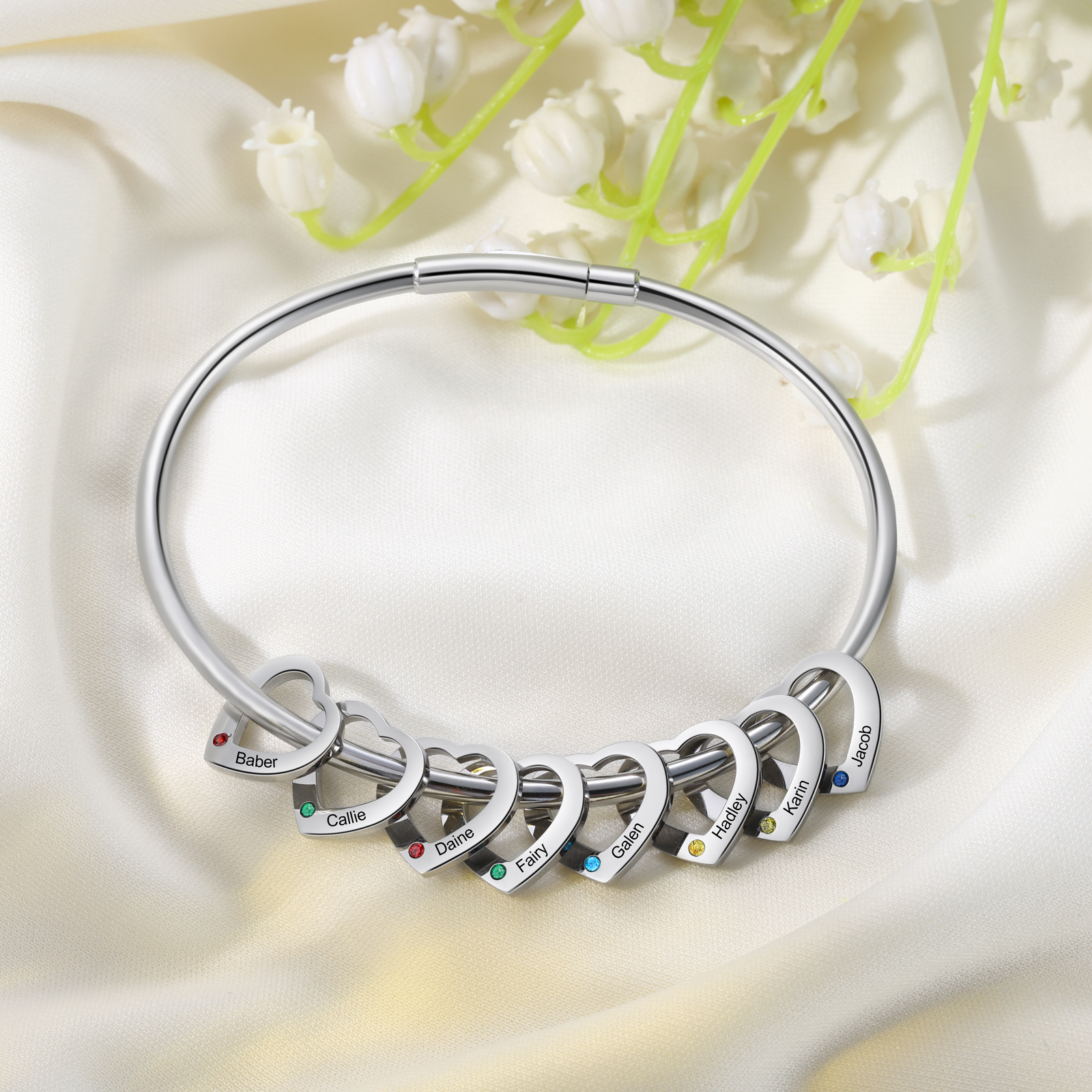 Personalisierter 8 Namen & 8 Geburtssteinen Silbernes Herz-Anhänger-Armband & Herz Halskette Geschenkbox-Set