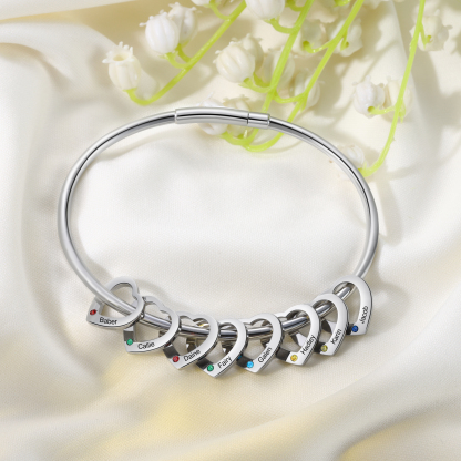 Personalisierter 8 Namen & 8 Geburtssteinen Silbernes Herz-Anhänger-Armband & Herz Halskette Geschenkbox-Set