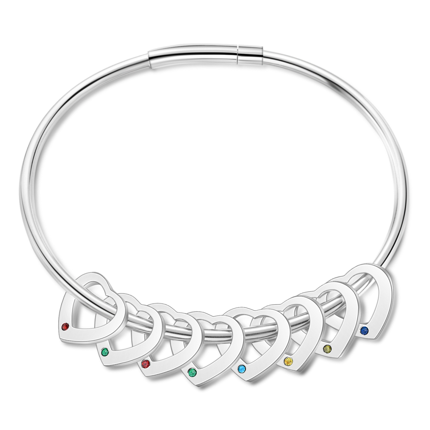 Personalisierter 8 Namen & 8 Geburtssteinen Silbernes Herz-Anhänger-Armband & Herz Halskette Geschenkbox-Set