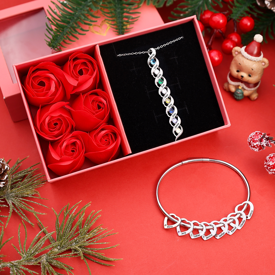 Personalisierter 8 Namen & 8 Geburtssteinen Silbernes Herz-Anhänger-Armband & Herz Halskette Geschenkbox-Set
