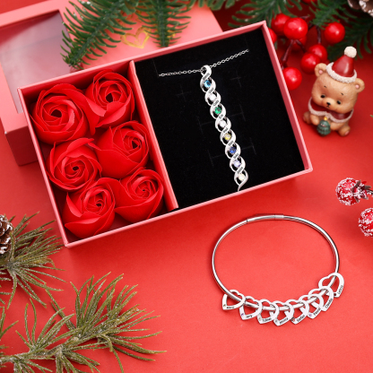 Personalisierter 8 Namen & 8 Geburtssteinen Silbernes Herz-Anhänger-Armband & Herz Halskette Geschenkbox-Set