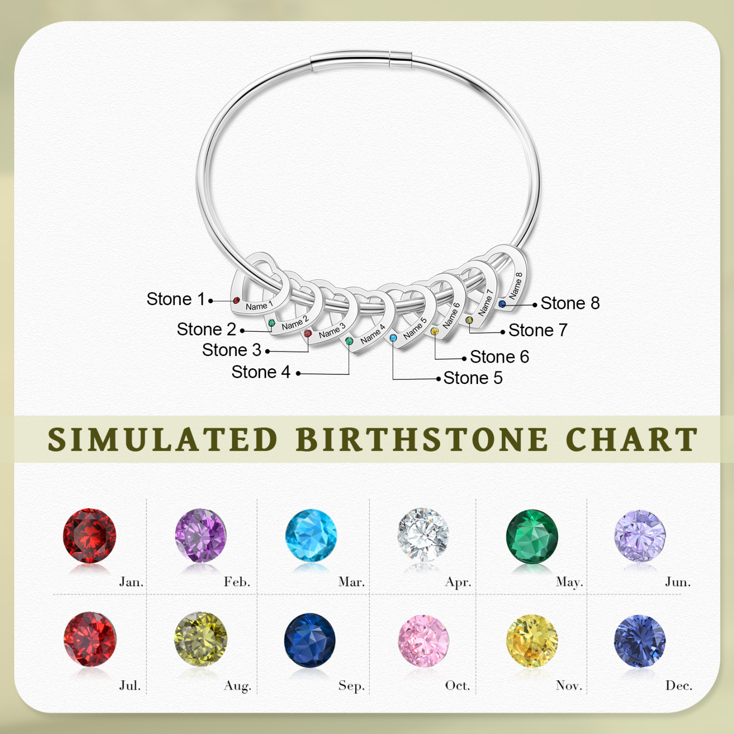 Personalisierter 8 Namen & 8 Geburtssteinen Silbernes Herz-Anhänger-Armband & Herz Halskette Geschenkbox-Set