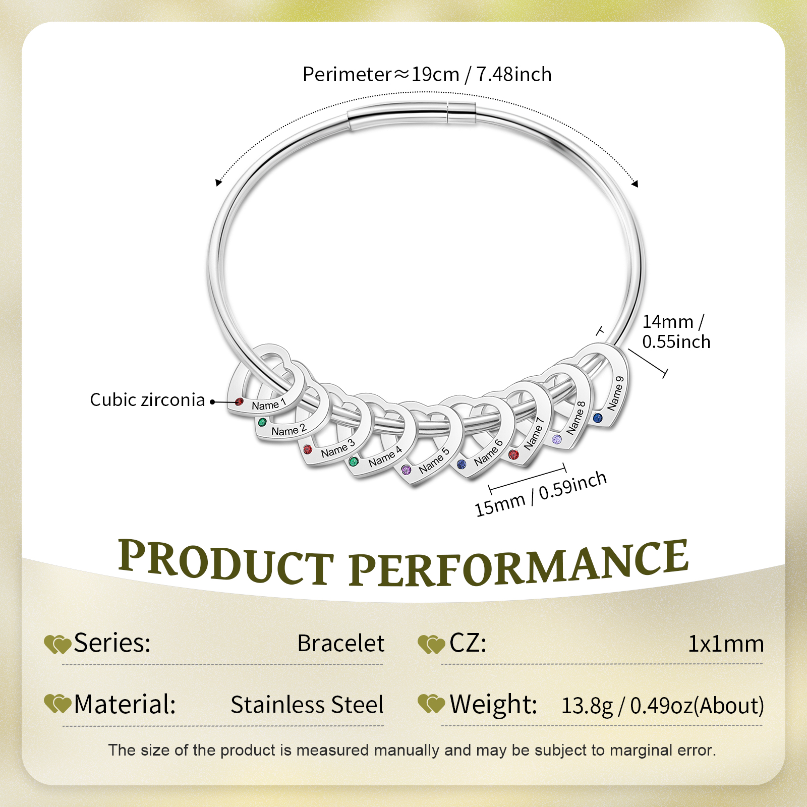 Personalisierte 7-10 Namen mit 7-10 Geburtssteinen Edelstahl Herz-Anhänger-Armband