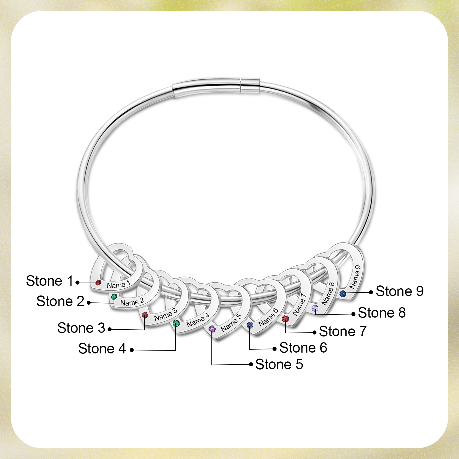 Personalisierte 7-10 Namen mit 7-10 Geburtssteinen Edelstahl Herz-Anhänger-Armband