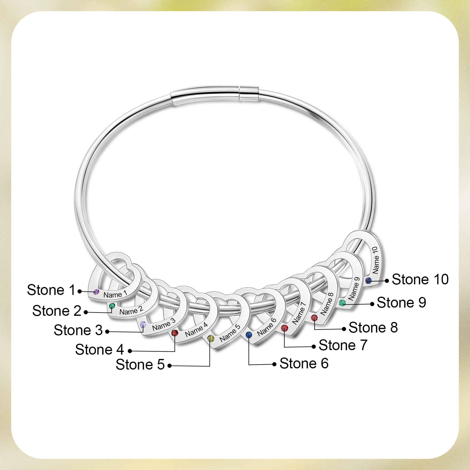 Personalisierte 7-10 Namen mit 7-10 Geburtssteinen Edelstahl Herz-Anhänger-Armband