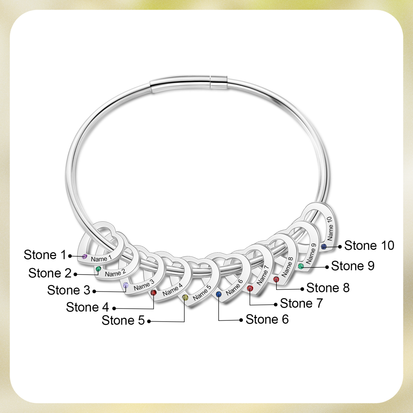 Personalisierte 7-10 Namen mit 7-10 Geburtssteinen Edelstahl Herz-Anhänger-Armband