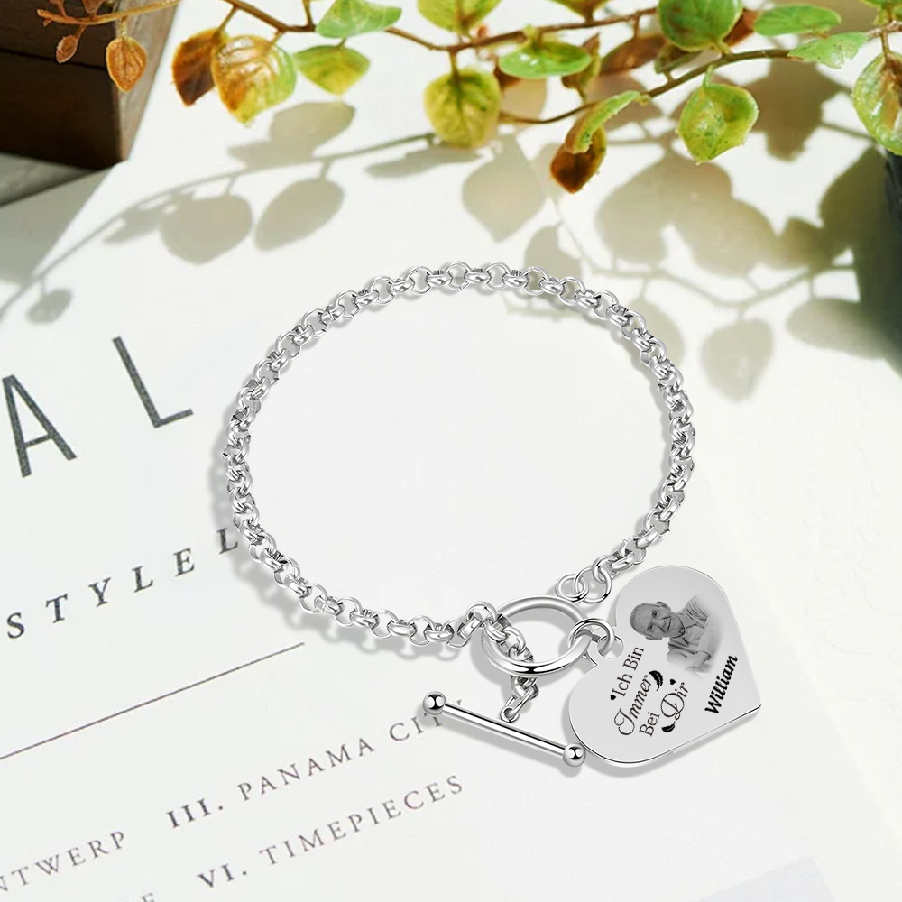 Personalisierte 1 Name & Foto Edelstahl Armband mit Herzanhänger – Gedenkarmband für immer – Erinnerungsgeschenk