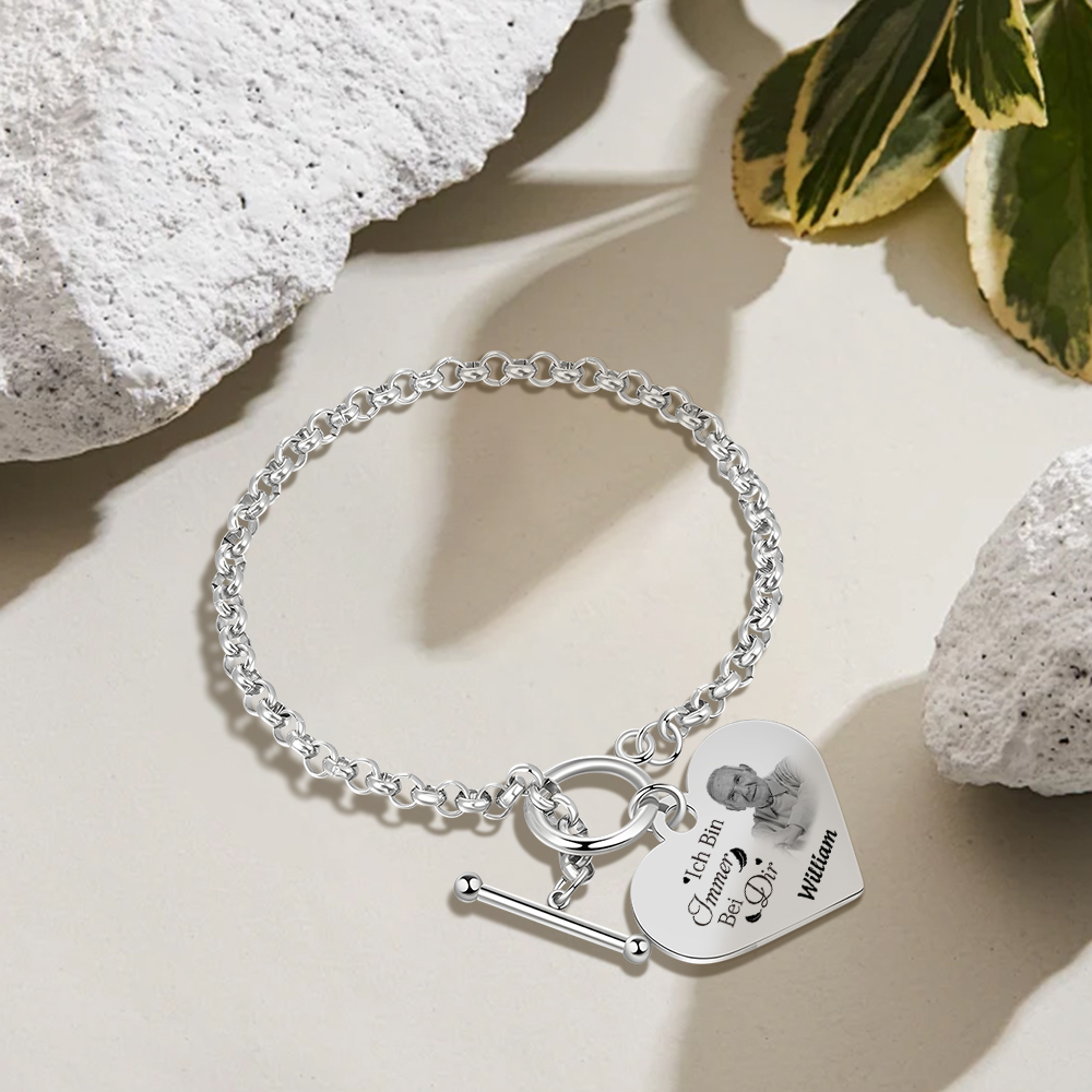 Personalisierte 1 Name & Foto Edelstahl Armband mit Herzanhänger – Gedenkarmband für immer – Erinnerungsgeschenk