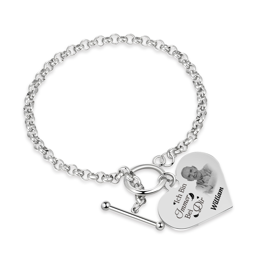 Personalisierte 1 Name & Foto Edelstahl Armband mit Herzanhänger – Ged