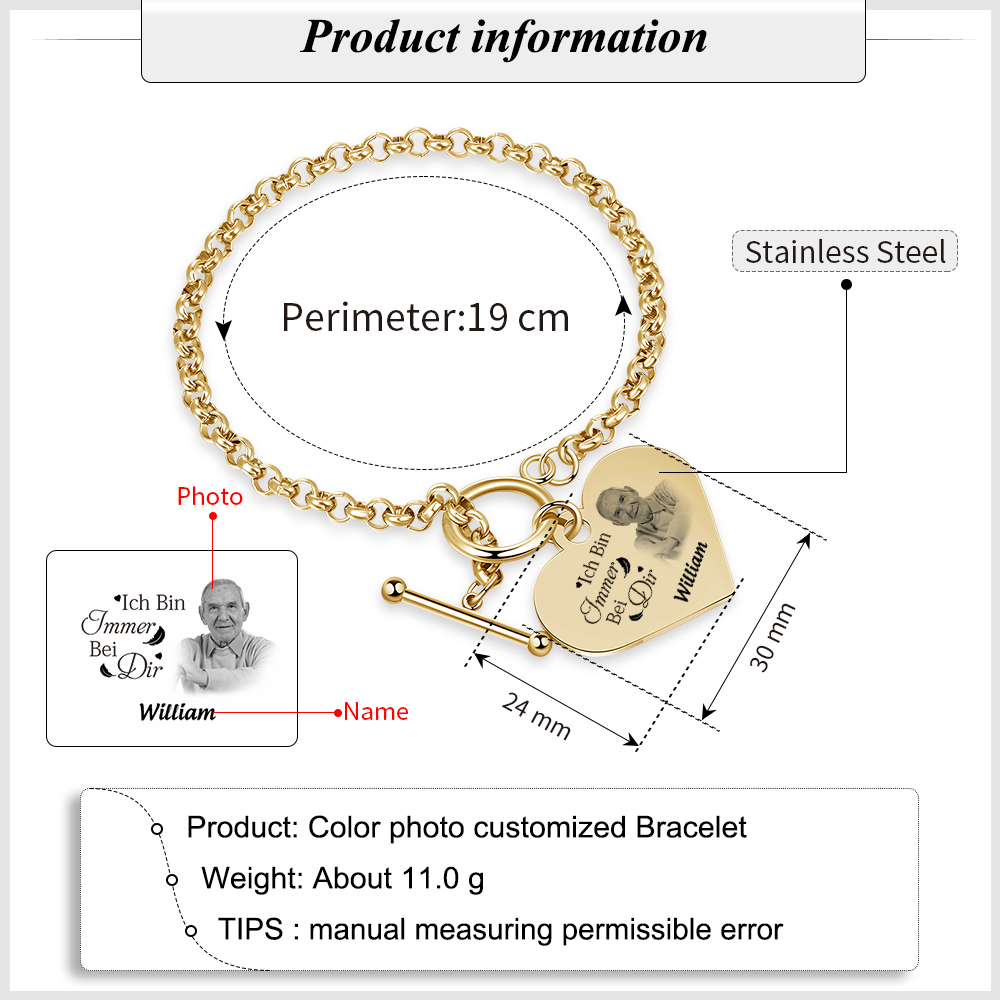 Personalisierte 1 Name & Foto Edelstahl Armband mit Herzanhänger – Gedenkarmband für immer – Erinnerungsgeschenk