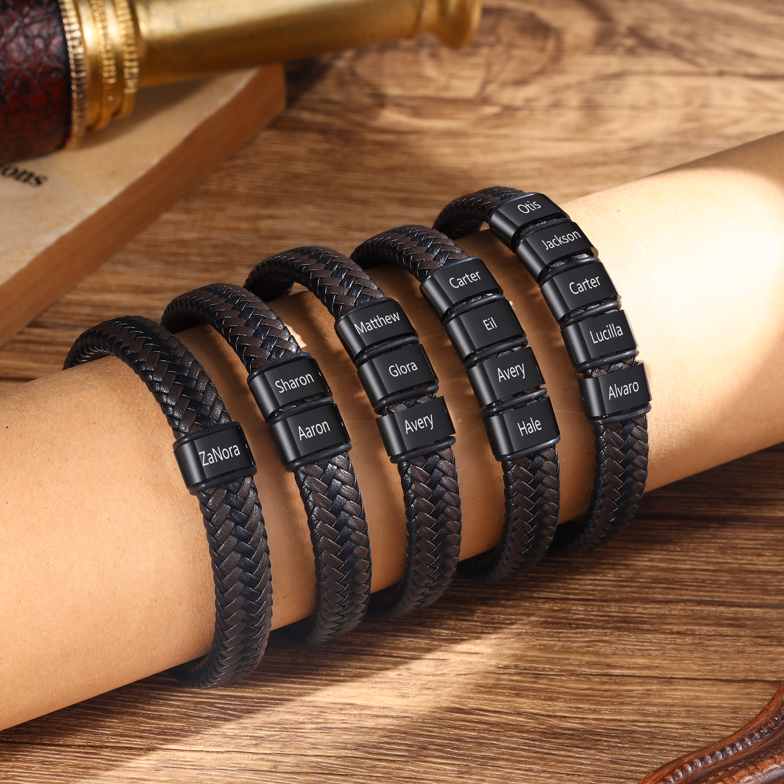 Personalisierte 1-5 Namen Herren Edelstahl & Leder Armband – Perfektes Geschenk