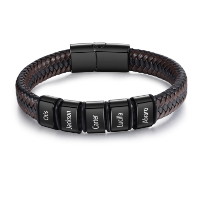 Personalisierte 1-5 Namen Herren Edelstahl & Leder Armband – Perfektes Geschenk
