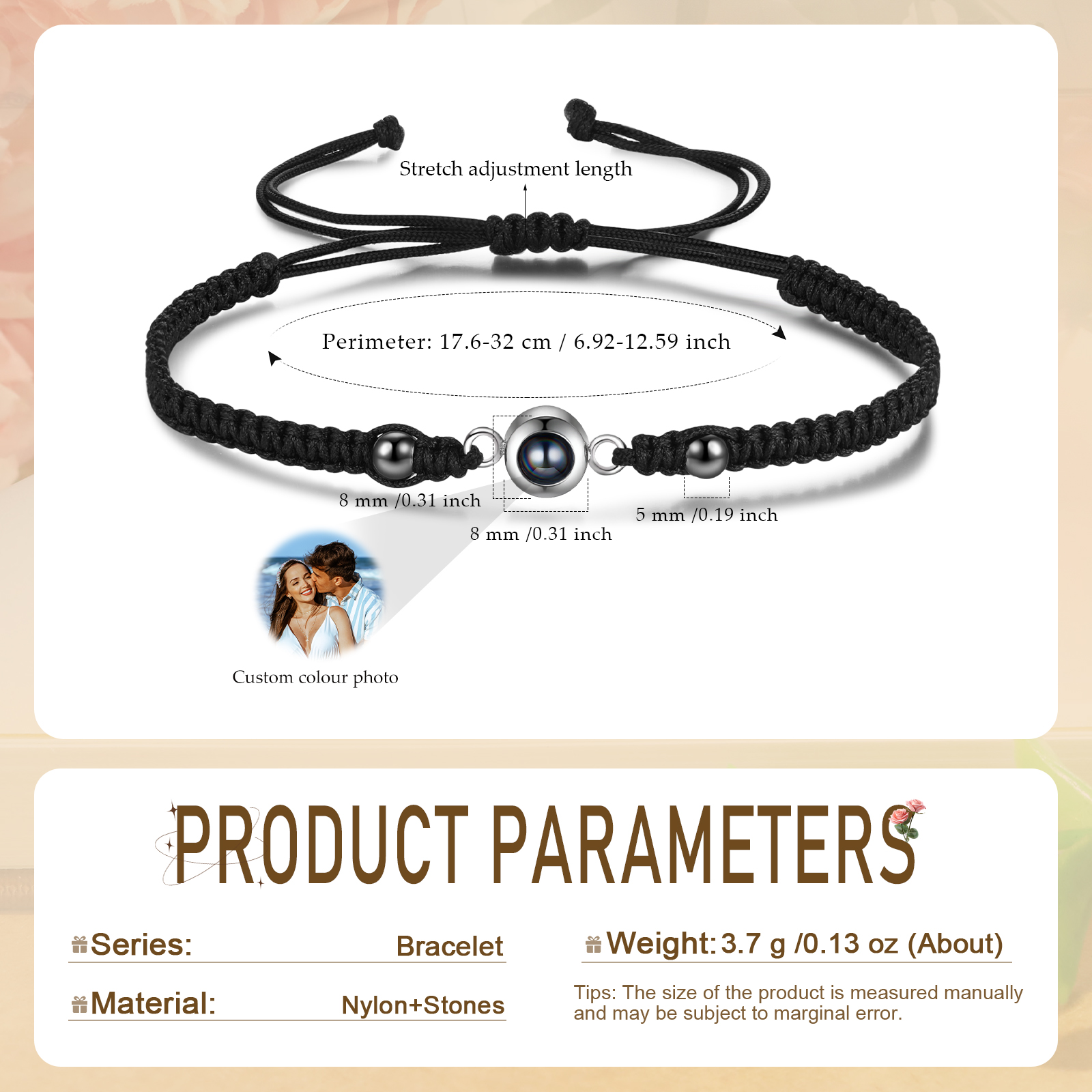 Personalisiertes 1 Foto Projektion Armband mit schwarz/ weiß geflochtenem Band