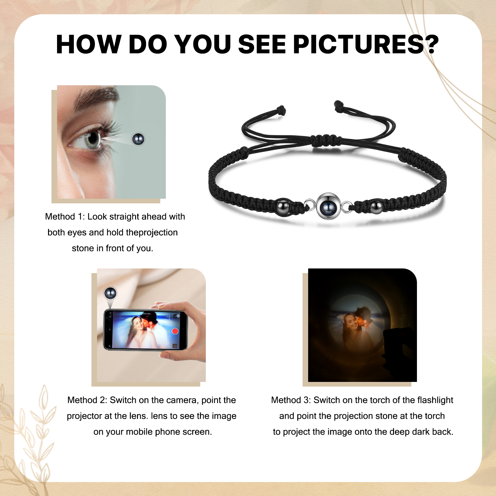 Personalisiertes 1 Foto Projektion Armband mit schwarz/ weiß geflochtenem Band