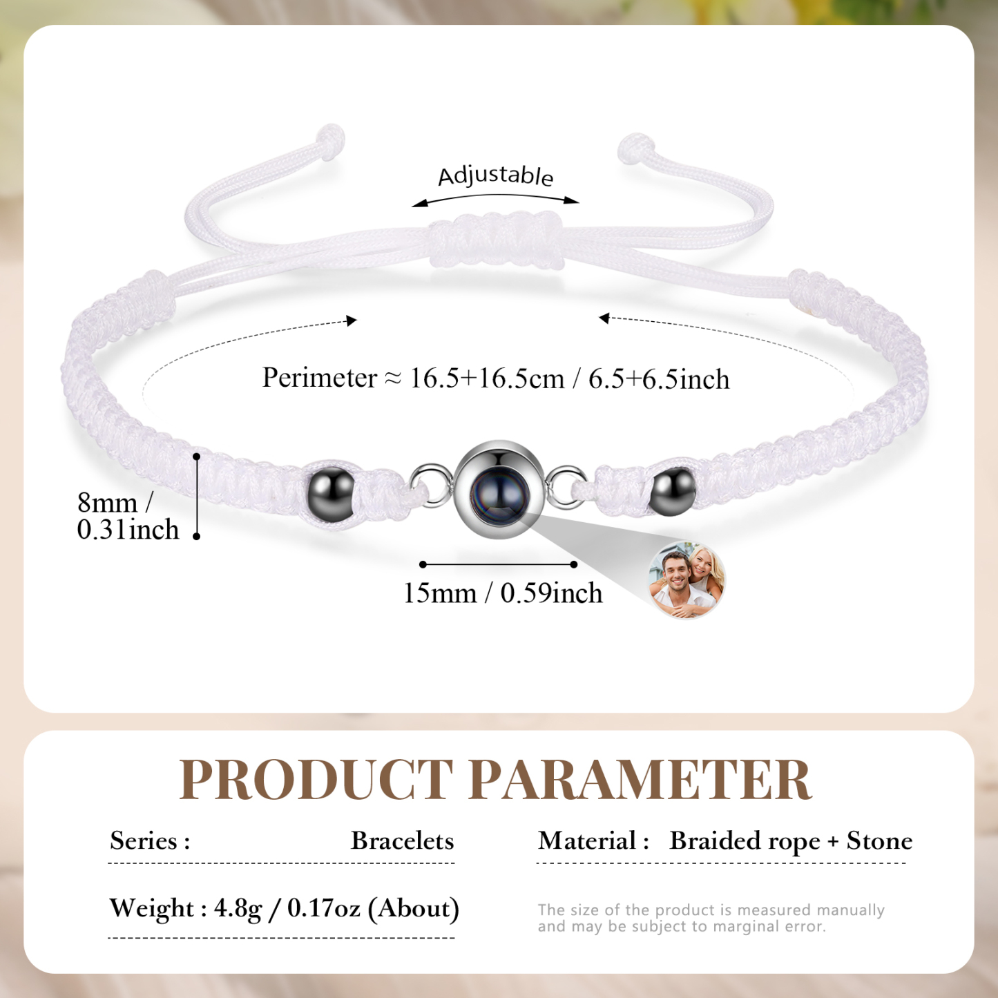Personalisiertes 1 Foto Projektion Armband mit schwarz/ weiß geflochtenem Band