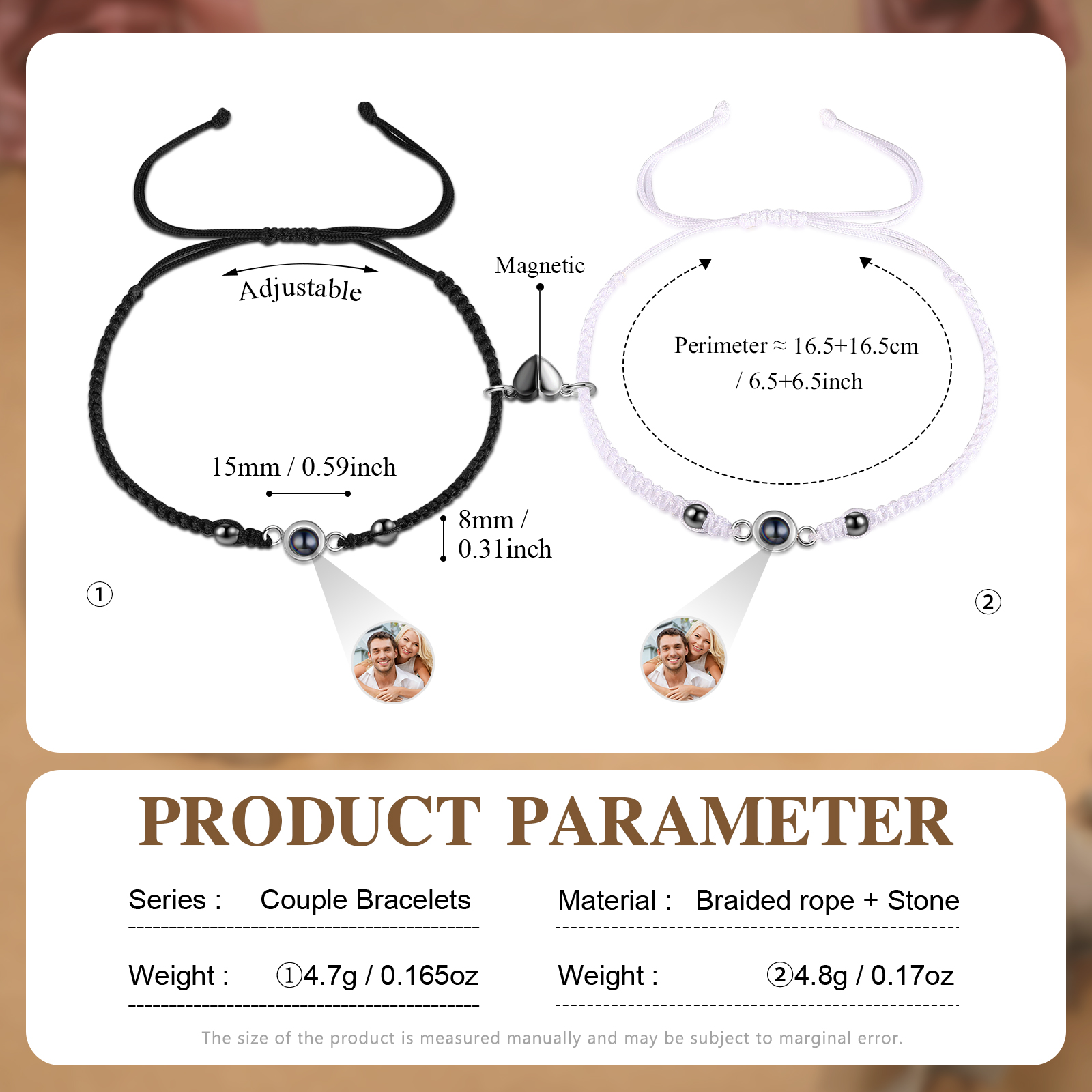 Personalisierte 2 Fotos Projektion Herz/Hand-in-Hand Magnetische Armbänder mit schwarz & weiß geflochtenem Band für Paar