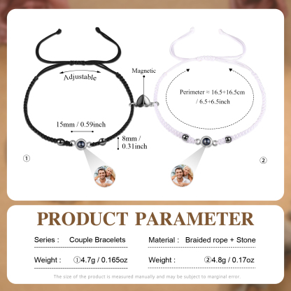 Personalisierte 2 Fotos Projektion Herz/Hand-in-Hand Magnetische Armbänder mit schwarz & weiß geflochtenem Band für Paar