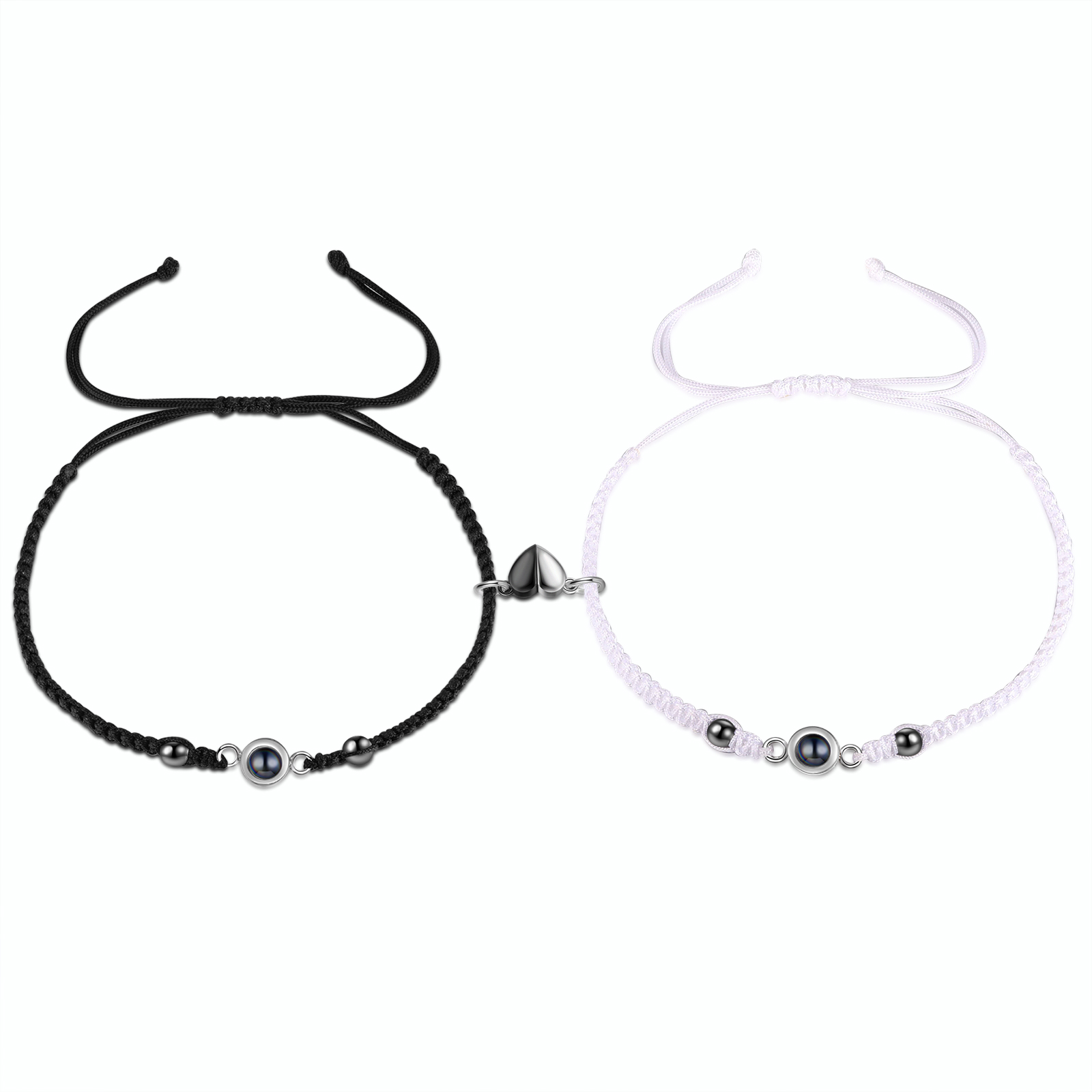 Personalisierte 2 Fotos Projektion Herz/Hand-in-Hand Magnetische Armbänder mit schwarz & weiß geflochtenem Band für Paar