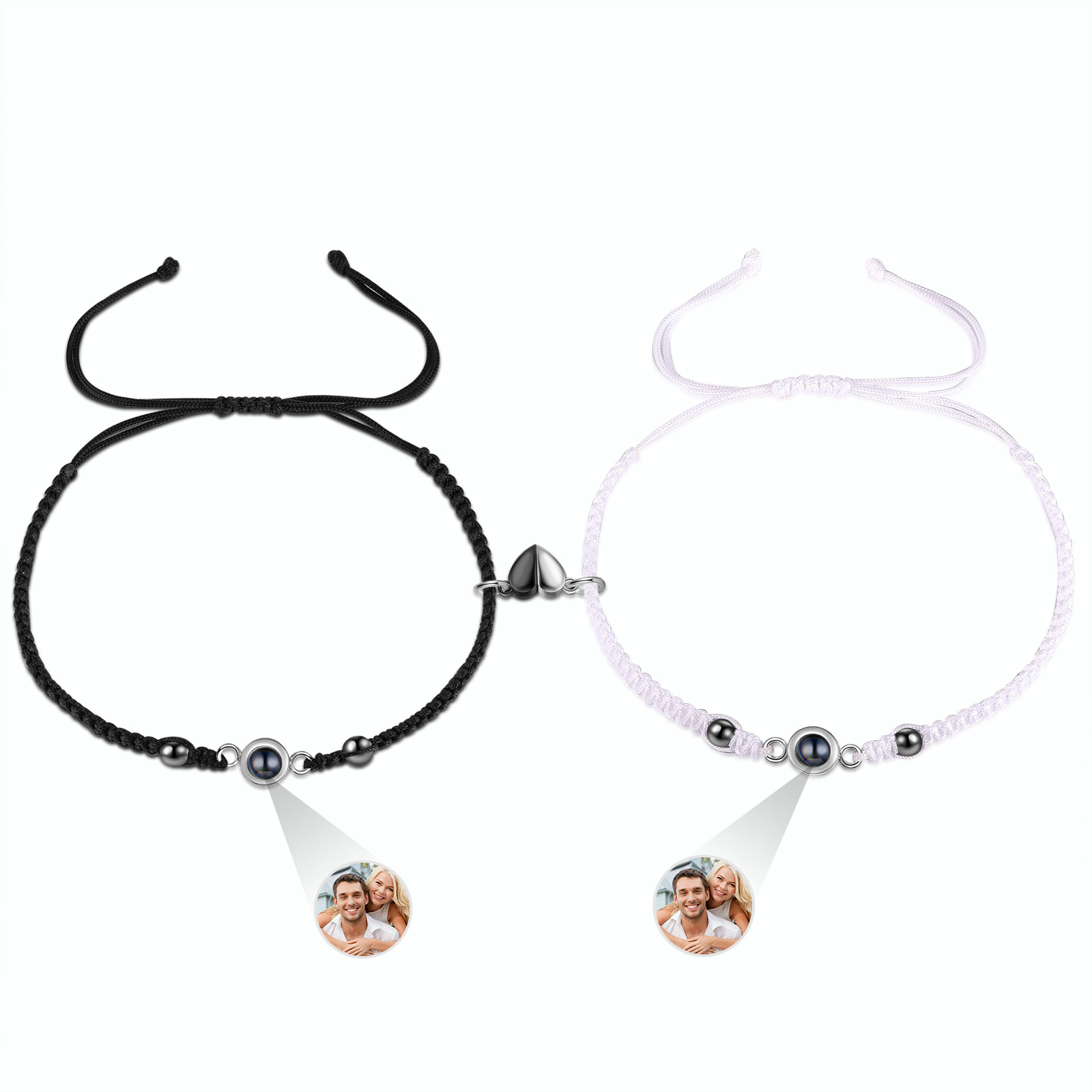 Personalisierte 2 Fotos Projektion Herz/Hand-in-Hand Magnetische Armbänder mit schwarz & weiß geflochtenem Band für Paar
