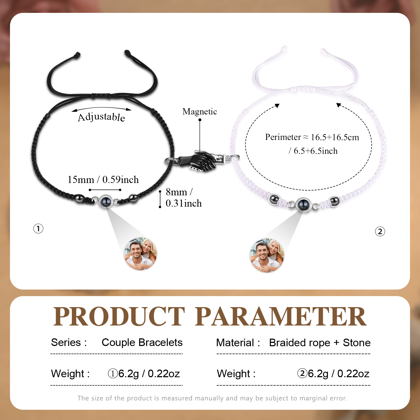 Personalisierte 2 Fotos Projektion Herz/Hand-in-Hand Magnetische Armbänder mit schwarz & weiß geflochtenem Band für Paar