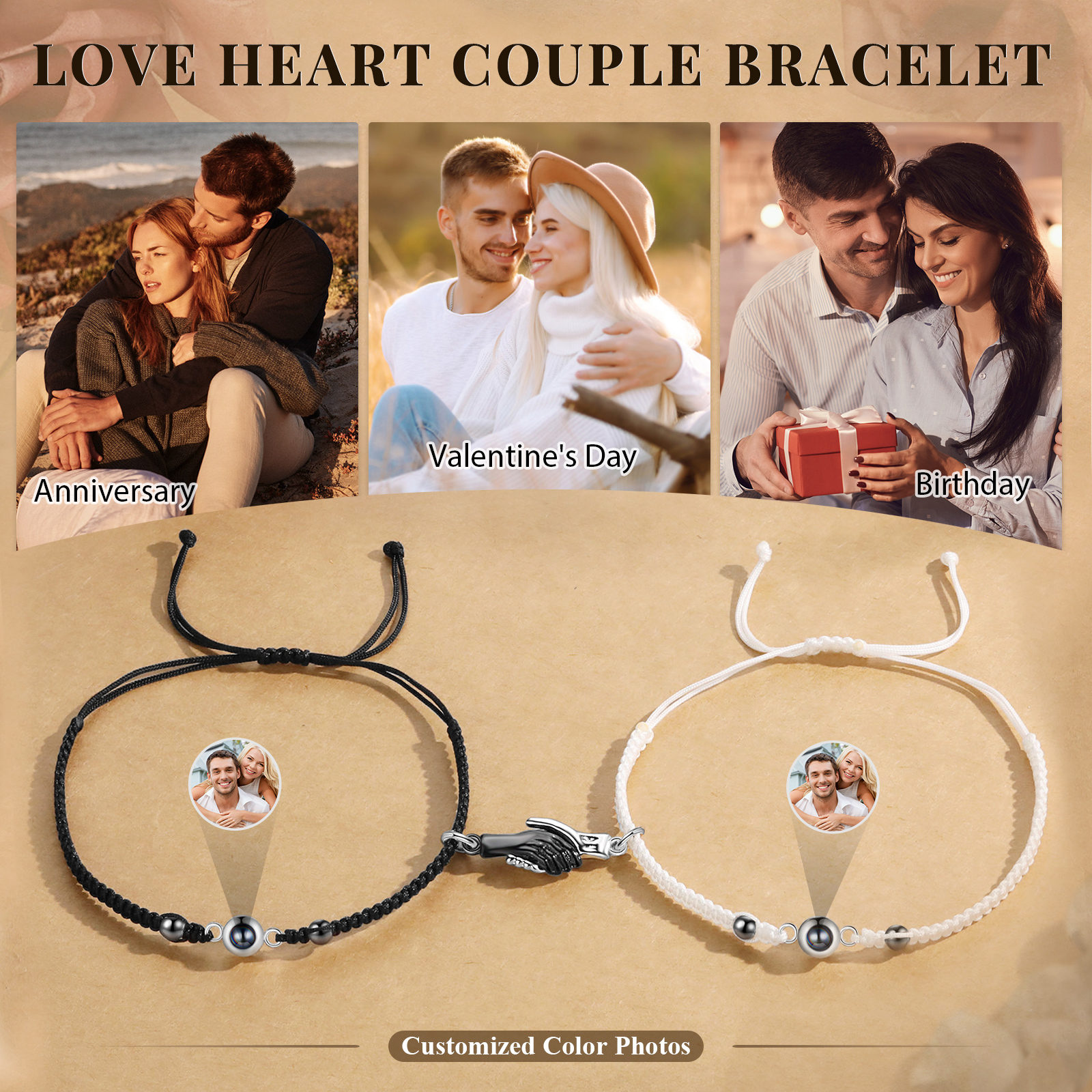 Personalisierte 2 Fotos Projektion Herz/Hand-in-Hand Magnetische Armbänder mit schwarz & weiß geflochtenem Band für Paar