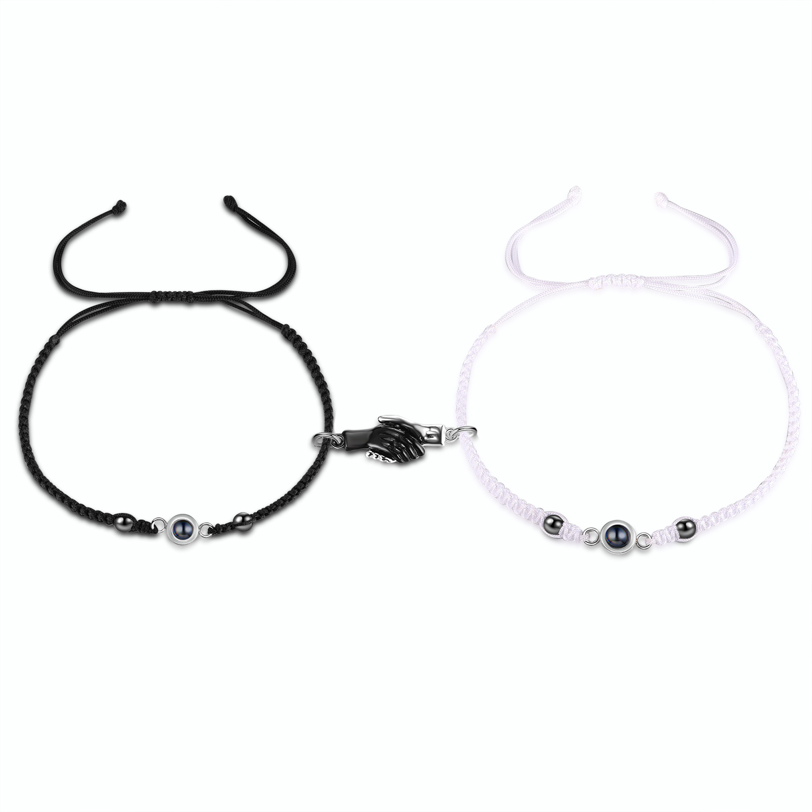 Personalisierte 2 Fotos Projektion Herz/Hand-in-Hand Magnetische Armbänder mit schwarz & weiß geflochtenem Band für Paar
