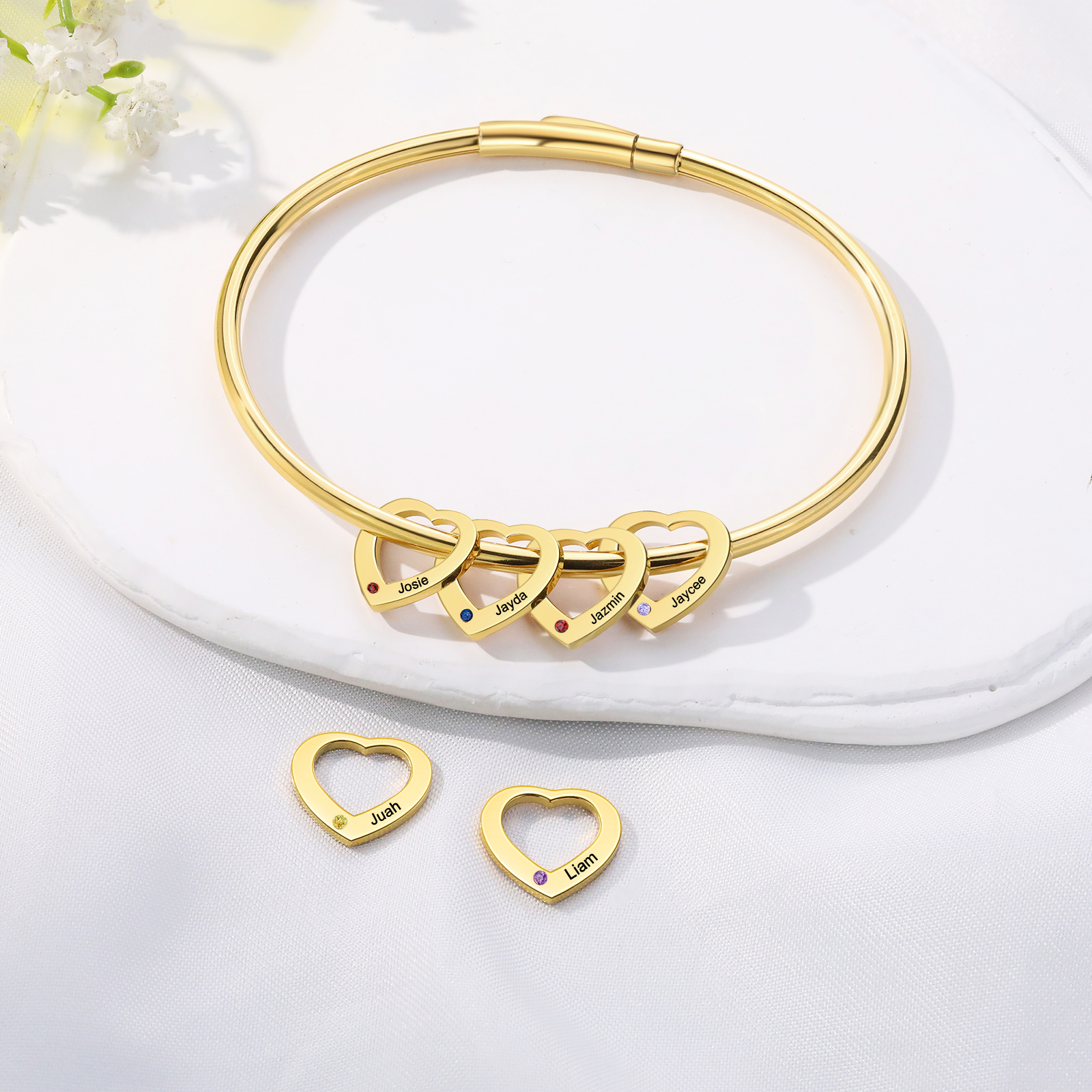 Personalisierter 3 Namen mit 3 Geburtssteinen Silber/ Golden/ Rosagold Herz-Anhänger-Armband