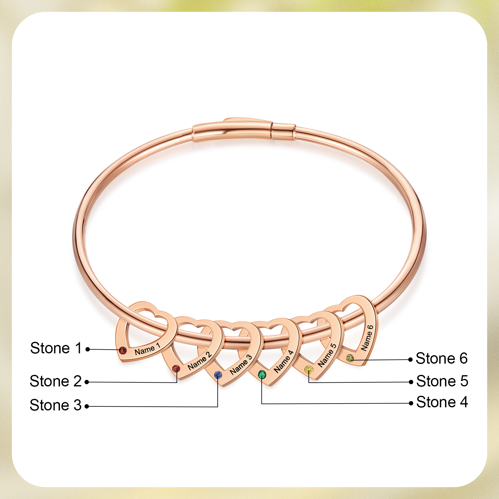 Personalisierter 6 Namen mit 6 Geburtssteinen Silber/ Golden/ Rosagold Herz-Anhänger-Armband