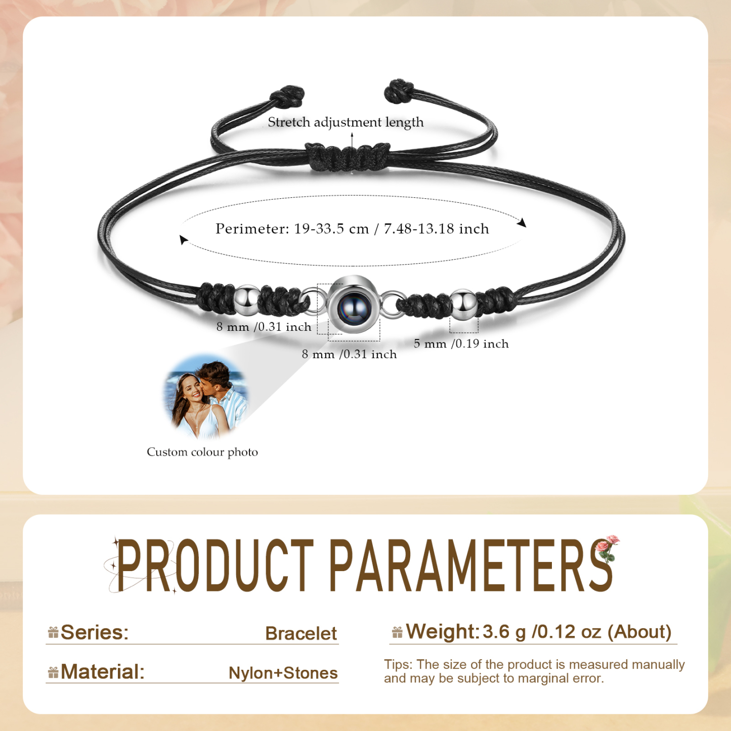 Personalisiertes Foto Projektion Armband – Schwarz/Weißes Band mit Silberperlen