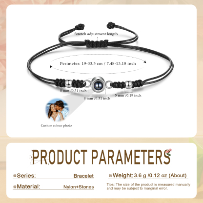 Personalisiertes Foto Projektion Armband – Schwarz/Weißes Band mit Silberperlen