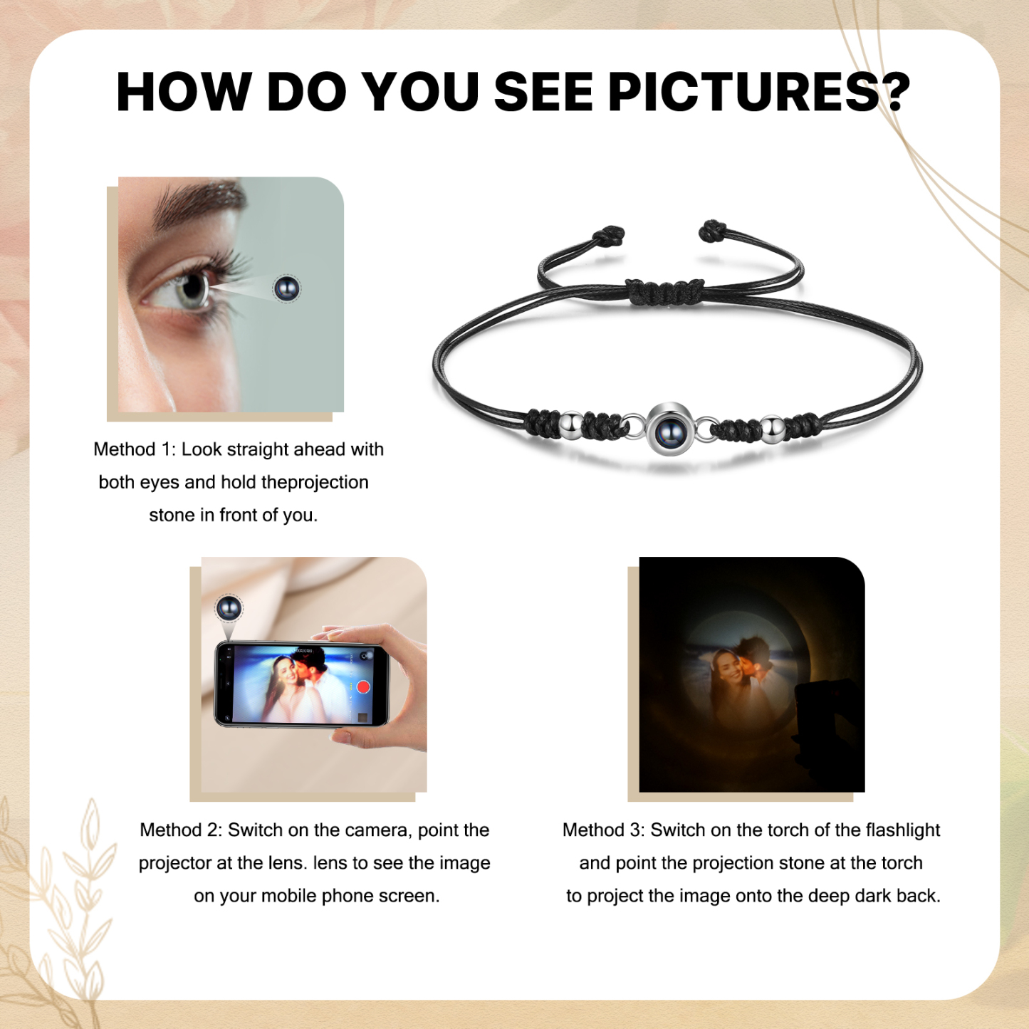 Personalisiertes Foto Projektion Armband – Schwarz/Weißes Band mit Silberperlen