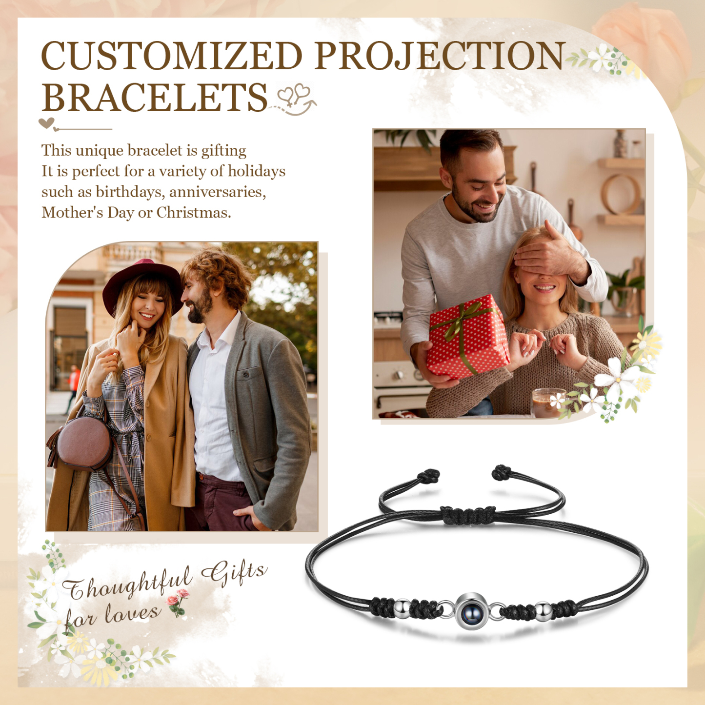 Personalisiertes Foto Projektion Armband – Schwarz/Weißes Band mit Silberperlen