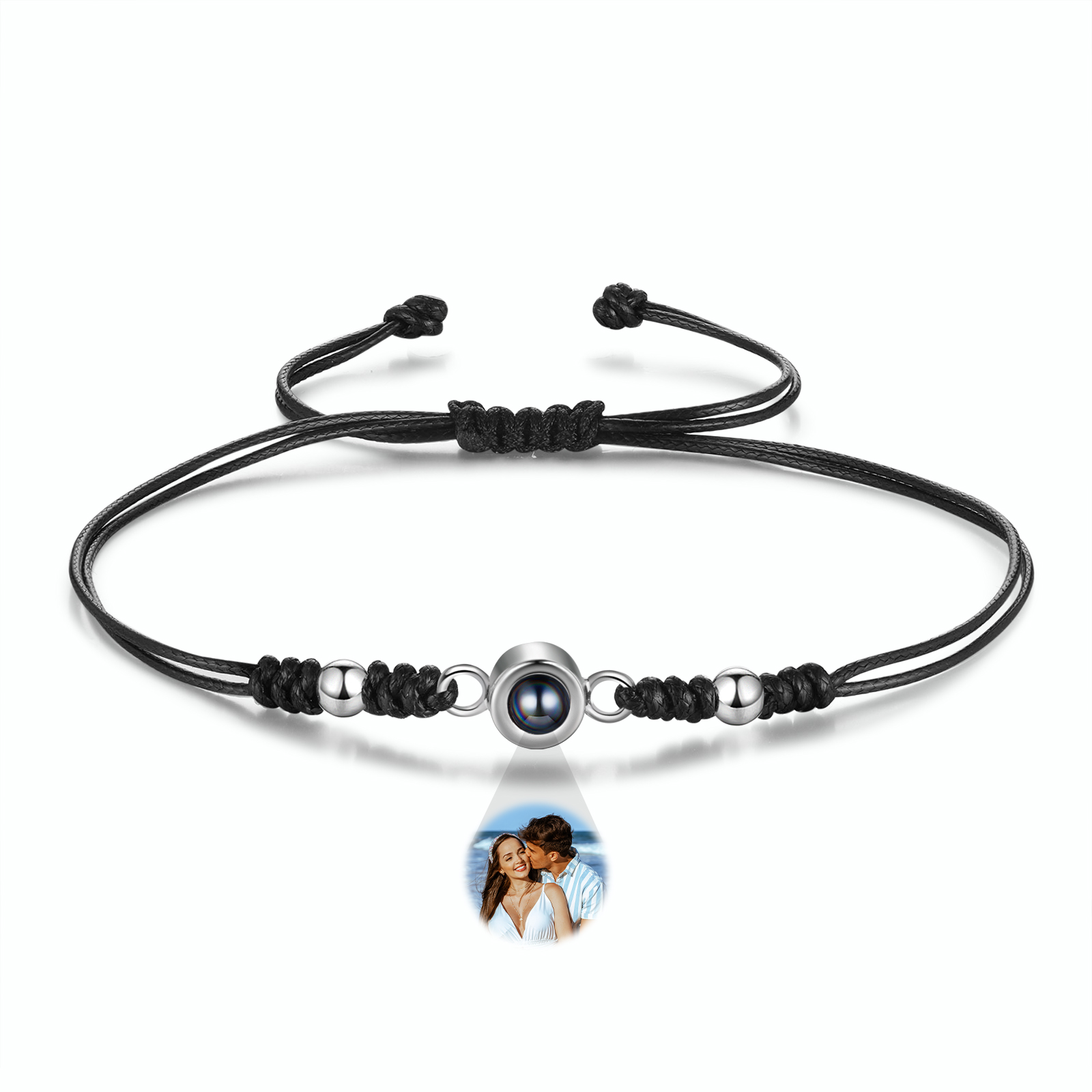 Personalisiertes Foto Projektion Armband – Schwarz/Weißes Band mit Silberperlen