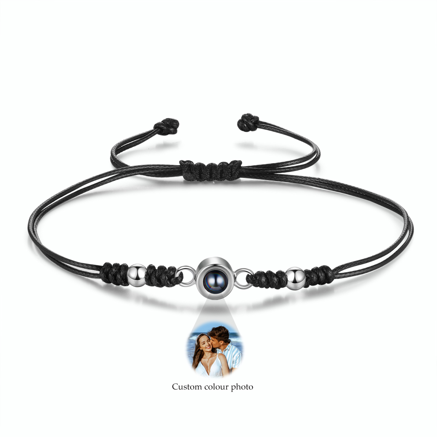 Personalisiertes Foto Projektion Armband – Schwarz/Weißes Band mit Silberperlen