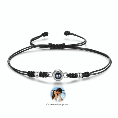 Personalisiertes Foto Projektion Armband – Schwarz/Weißes Band mit Silberperlen