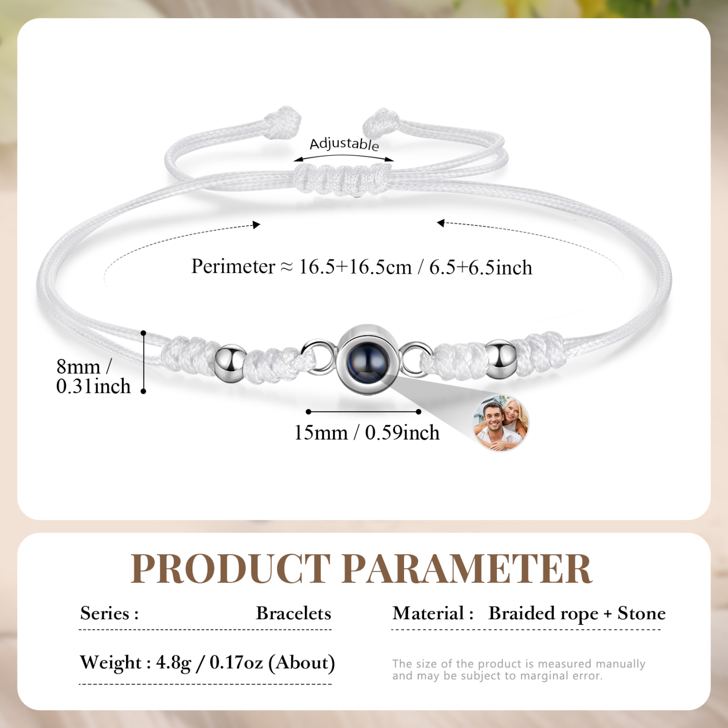 Personalisiertes Foto Projektion Armband – Schwarz/Weißes Band mit Silberperlen